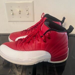 Red and White Jordan 12 Sneakers